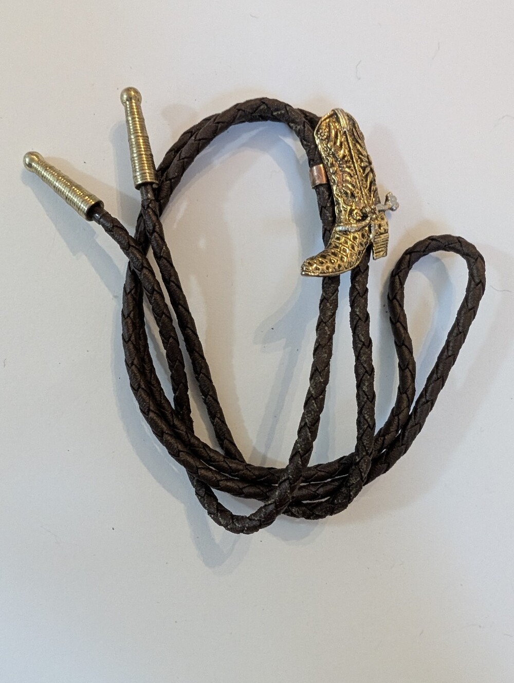 Braided Brown Leather Bolo Tie with Gold Cowboy Boot Slide